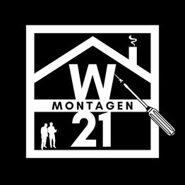 Logo mit Hausdach, "W Montagen 21", Rauch und Schraubendreher. Zwei Personen-Silhouetten.