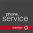Graues Logo mit weißem Text: "phone service". Roter Balken mit "center" und kleinem Symbol.