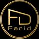 Goldenes "FD Farid" Logo auf schwarzem Hintergrund mit Kreisrahmen.