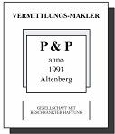 Schwarz-weiße Grafik mit Text: "Vermittlungs-Makler", "P & P", "anno 1993 Altenberg".