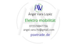 Visitenkarte mit Logo, Name Ángel Vara López, Elektromobilität, Kontaktinfos, Website pswtrade.de.