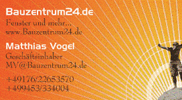 Visitenkarte für Bauzentrum24.de mit Kontaktdaten von Matthias Vogel auf orangem Hintergrund.