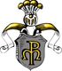 Wappen mit silbernem Schild, goldenen Buchstaben "MP" und Helm mit gold-schwarzen Federn.