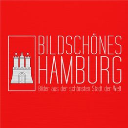 Roter Hintergrund mit weißem Text: "Bildschönes Hamburg", Logo einer Festung links.