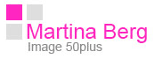 Logo mit rosa Text "Martina Berg Image 50plus" und grauen Quadraten links.