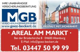 Geschäftsschild für MGB Versicherungsberatung in Altenburg mit Kontaktinformationen.