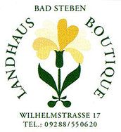 Logo mit gelber Blume, Text: "Landhaus Boutique, Bad Steben, Wilhelmstraße 17, Tel: 09288/550620".