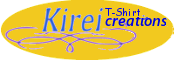 Gelbes Logo mit blauem Schriftzug: "Kirei T-Shirt Creations" und violettem Schnörkelmuster.