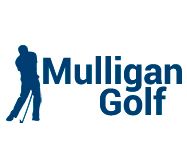 Silhuet af golfspiller ved siden af teksten "Mulligan Golf" i blå skrift.