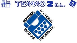 Logotipo de Temlo 2 S.L.: calculadora azul con texto sobre material de oficina y escolar.