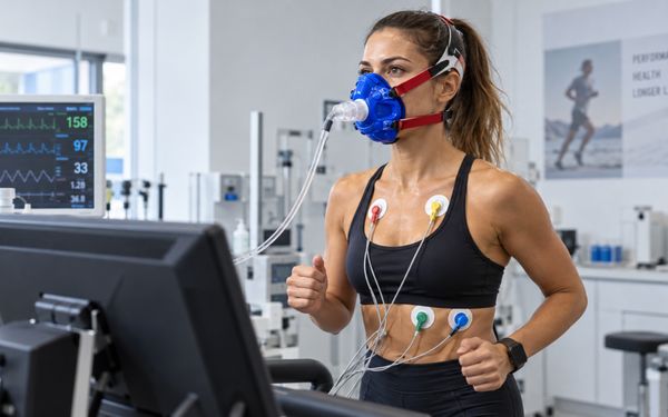 Frau in Sportkleidung beim Intervall-Hypoxie-Hyperoxie-Training mit Atemmaske und Elektroden während eines Belastungstests im Labor.