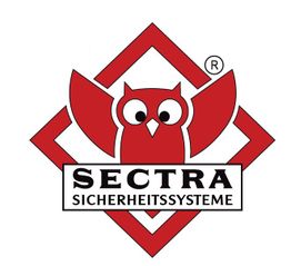 Rotes Eulenlogo mit Schrift "Sectra Sicherheitssysteme" auf weißem Hintergrund.