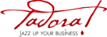 Rotes Logo mit Schriftzug "Jadora! Jazz Up Your Business" auf weißem Hintergrund.