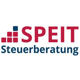 Logo von Speit Steuerberatung mit grafischen Elementen in Rot und Blau.