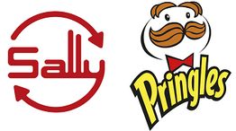 Logos von Sally (rot mit Pfeilen) und Pringles (lächelndes Gesicht mit Schnurrbart und Fliege).