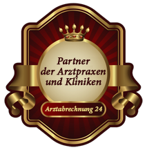 Wappen mit Krone, Text: "Partner der Arztpraxen und Kliniken, Arztabrechnung 24".