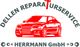 Rotes Auto mit Schriftzug "Dellen Reparaturservice Herrmann GmbH", Hammer als Symbol.