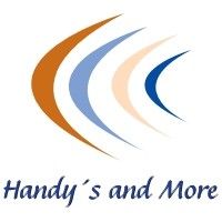 Logo mit vier geschwungenen Linien und dem Text "Handy's and More" darunter in Blau.