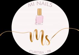 Logo de esmalteria: "Mi Nails", esmalte rosa, "Ms" dourado, "Curitiba - PR".