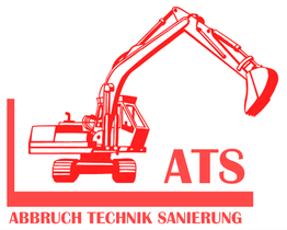 Rotes Bagger-Logo mit dem Schriftzug "ATS Abbruch Technik Sanierung".