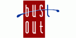 Logo mit rotem Rechteck und blauem Schriftzug "bust out", die Buchstaben sind vertikal angeordnet.