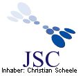 Logo mit blauen und grauen Formen, Text: "JSC". Darunter: "Inhaber: Christian Scheele".