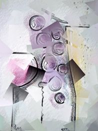 Abstrakte Collage mit Kreisen und überlappenden Papierstücken in Pastelltönen.