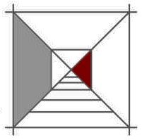 Abstraktes geometrisches Muster mit grauen und roten Dreiecken in einem quadratischen Rahmen.