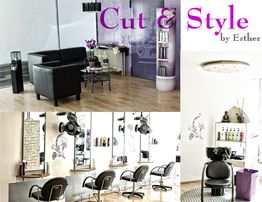 Moderner Friseursalon mit schwarzen Stühlen und Spiegeln, dekoriert mit lila Akzenten, "Cut & Style".
