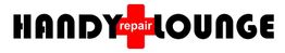 Schwarzer Schriftzug "Handy Repair Lounge" mit rotem Kreuz im Hintergrund und "repair" in Weiß.