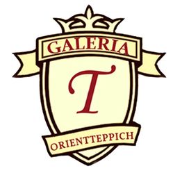 Wappen mit der Aufschrift "Galeria T Orientteppich" in rot und beige.