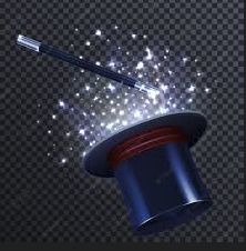 Chapeau magique avec baguette et étincelles brillantes sur fond transparent.