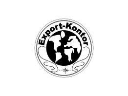 Schwarz-weißes Export-Kontor-Logo mit Weltkarte und dekorativen Elementen.