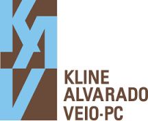Abstract design with "Kline Alvarado Veio-PC" in brown text beside blue and brown initials "KAV".