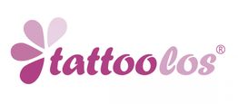 Logo mit lila Blütenmuster und dem Wort "tattoolos" in kursiver Schrift.