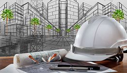 Architectural plans with a safety helmet and pen on a desk, cityscape sketch in the background.