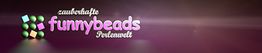 Logo mit Schriftzug "zauberhafte funnybeads Perlenwelt" auf lila Hintergrund.