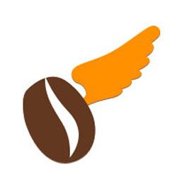 Kaffeebohne mit einem orangefarbenen Flügel, symbolisiert schnellen und belebenden Kaffee.