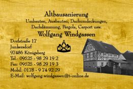 Gelbe Visitenkarte für Altbausanierung mit Fachwerkhaus und Kontaktdaten von Wolfgang Windgassen.