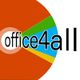Logo mit der Aufschrift "office4all" vor buntem Hintergrund in Rot, Grün, Gelb und Blau.