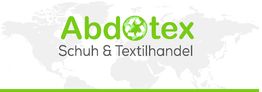 Logo von Abdoftex, Schuh- und Textilhandel, auf grauem Weltkartenhintergrund.