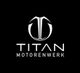 Logo von "Titan Motorenwerk" mit stilisiertem T auf schwarzem Hintergrund.