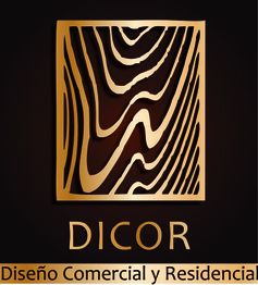 Logo de DICOR con diseño de patrón de madera y texto "Diseño Comercial y Residencial".