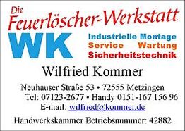 Visitenkarte von Wilfried Kommer, Feuerlöscher-Werkstatt mit Kontaktinformationen und Dienstleistungen.
