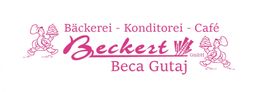 Bäckerei-Logo mit Text "Beckert", Figuren mit Gebäck. Brunnen in pink.