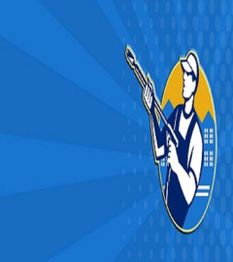 Worker with a power washer on a blue background with a sunburst design.