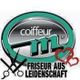 Logo mit Schriftzug "coiffeur m", einer Schere und Herzen, darunter "Friseur aus Leidenschaft".