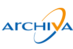 Logo Archiva con testo blu e dettagli arancioni su sfondo bianco.