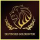 Goldenes Löwen-Emblem mit Schriftzug "Deutsches Goldkontor" auf braunem Hintergrund.