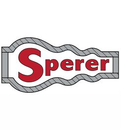 Logo mit dem roten Wort "Sperer" in ungewöhnlichem Rahmen, grauer Rand, weißer Hintergrund.